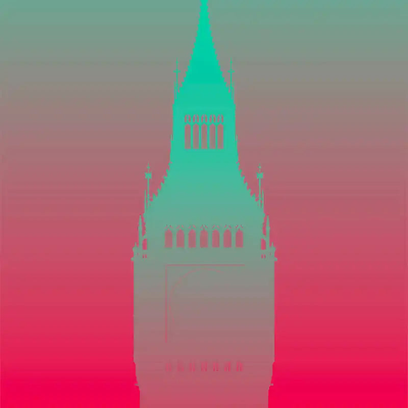 Clock tower spire silhouetted in turquoise and pink gradient tones.