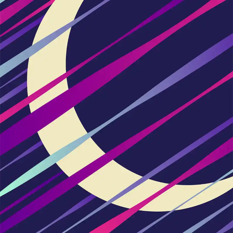 Curved crescent shape with diagonal stripes in purple, pink, and cream colors.