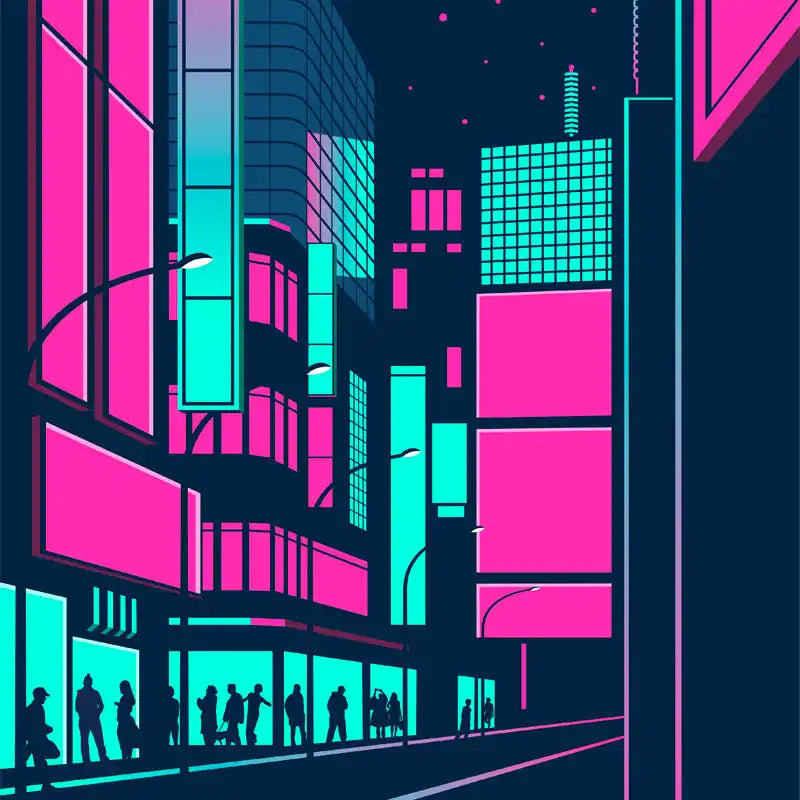 Neon-lit cityscape with silhouetted pedestrians walking along a street-level shopping area.