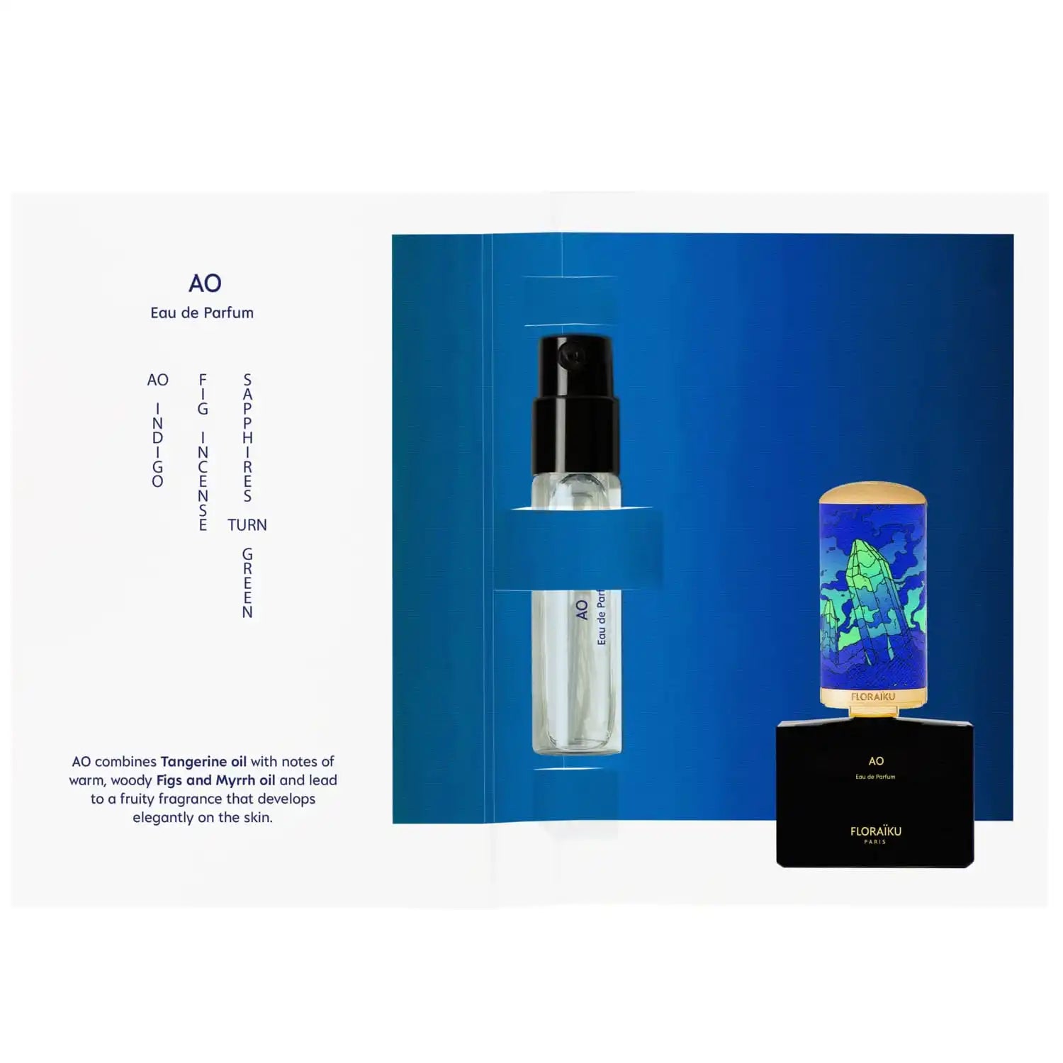 A perfume bottle with blue packaging and product information displayed.