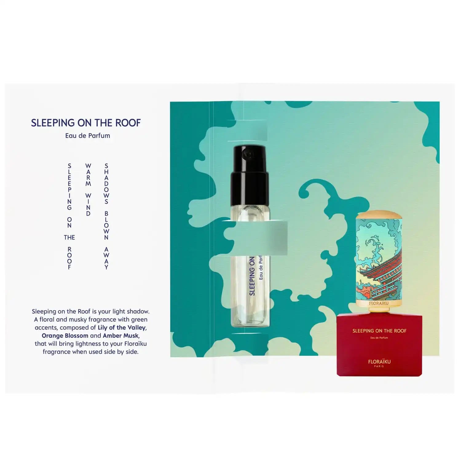 Perfume bottle labeled ’Sleeping on the Roof’ with accompanying product card and packaging.